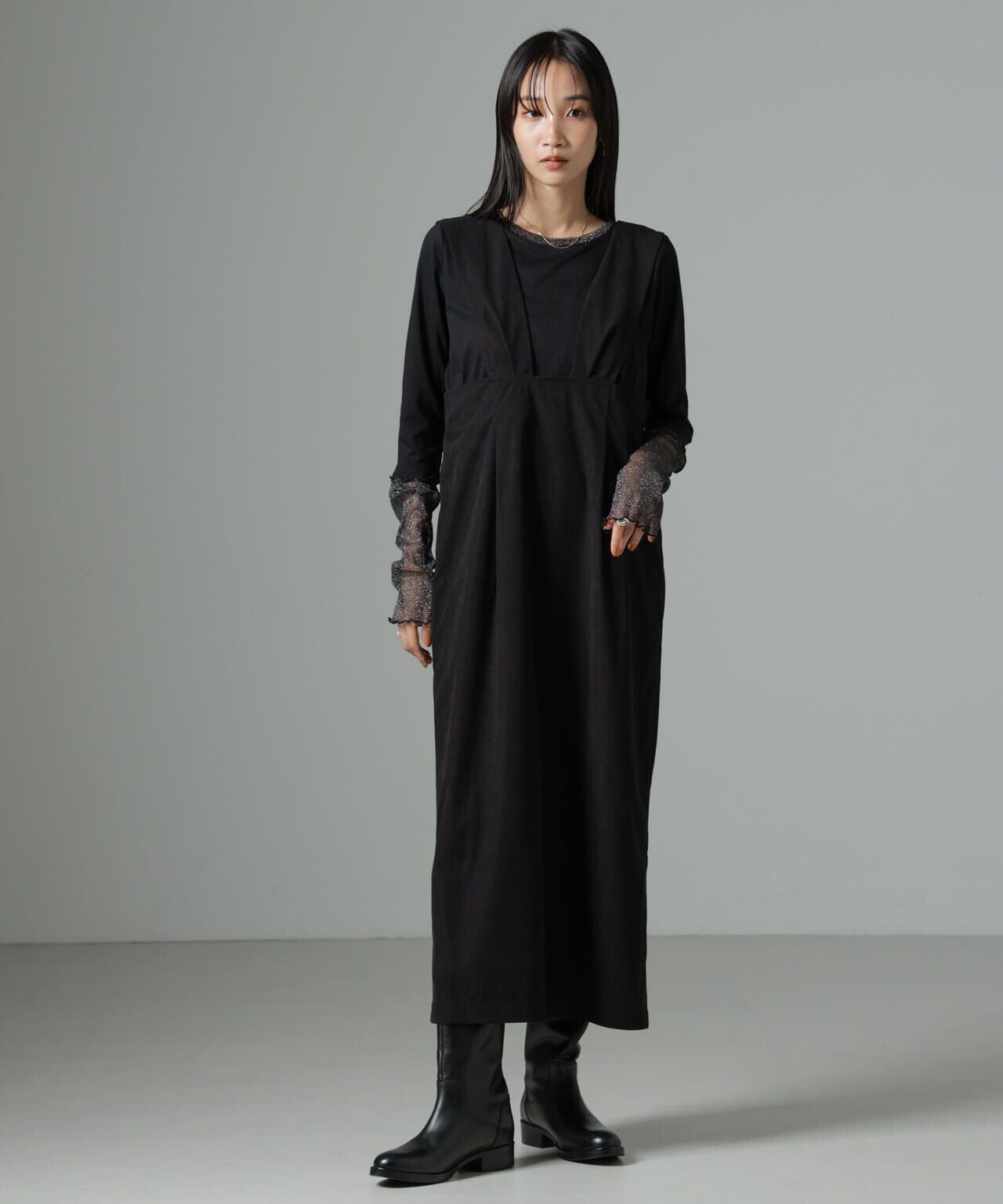 シアーラメ切り替えロングTシャツ 6734223323