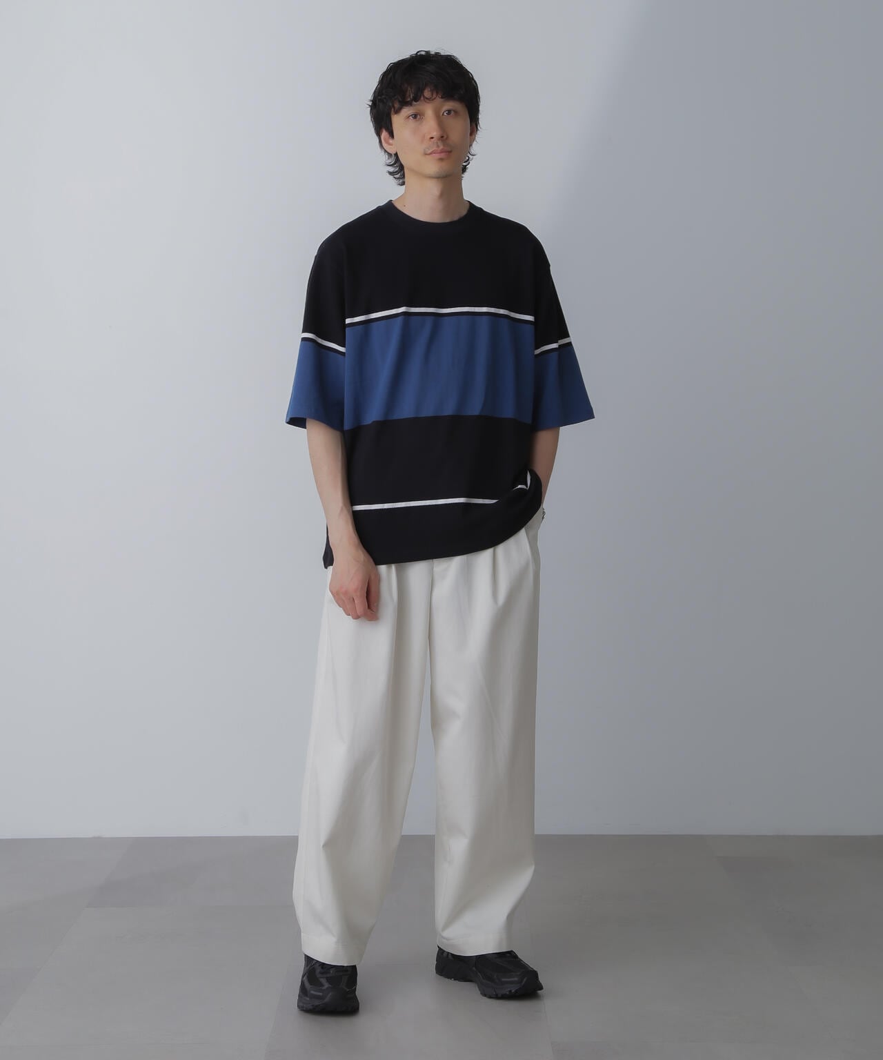 パネル編地ボーダークルーネックTシャツ 6684124233