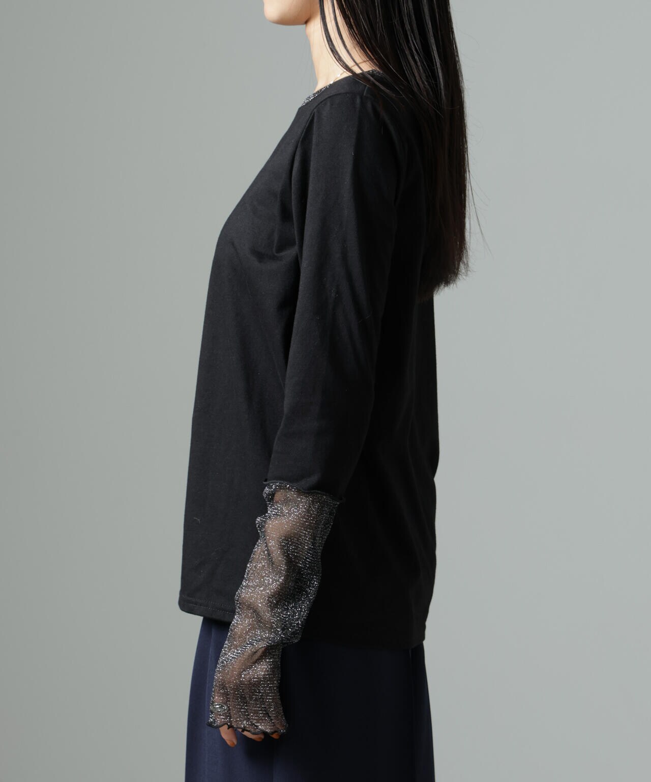 シアーラメ切り替えロングTシャツ 6734223323