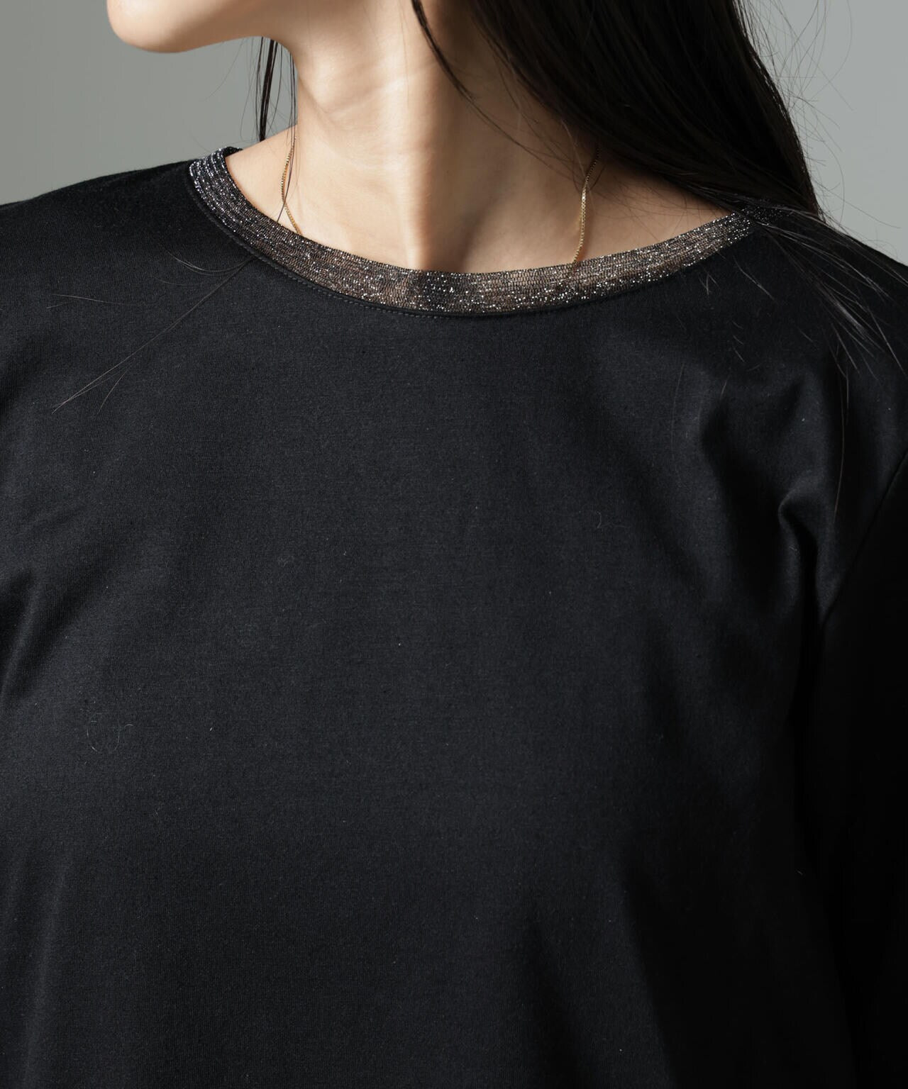 シアーラメ切り替えロングTシャツ 6734223323