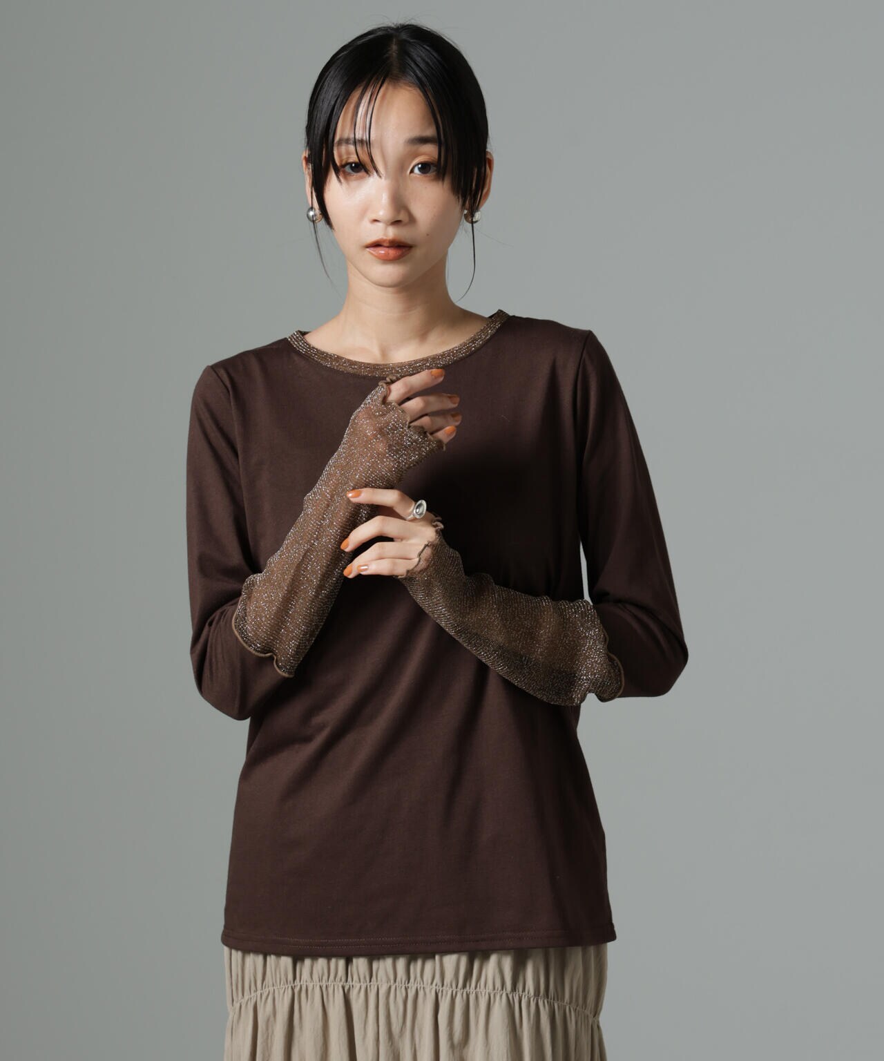シアーラメ切り替えロングTシャツ 6734223323