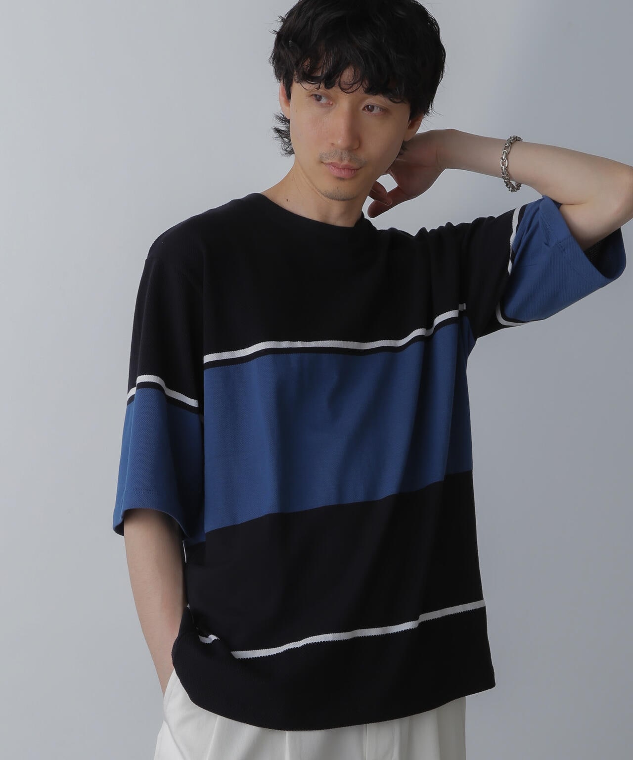パネル編地ボーダークルーネックTシャツ 6684124233