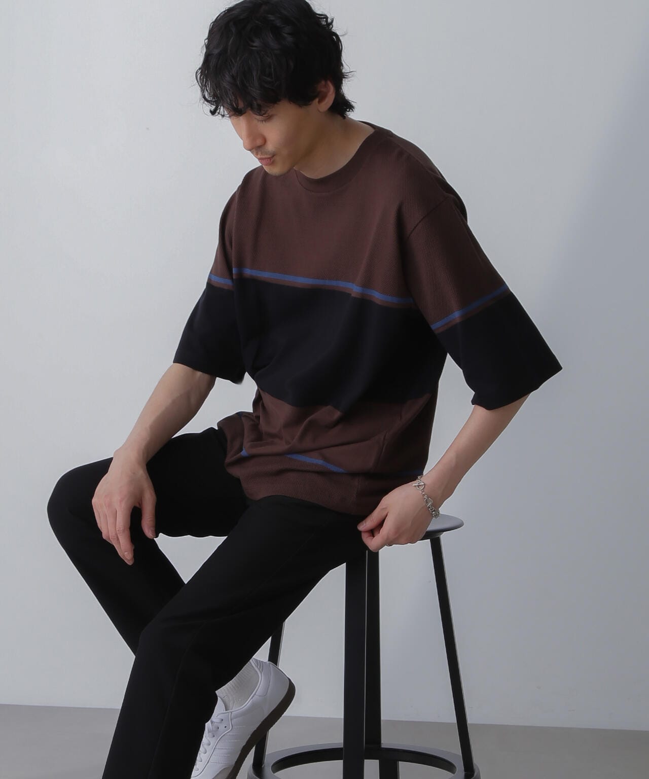 パネル編地ボーダークルーネックTシャツ 6684124233
