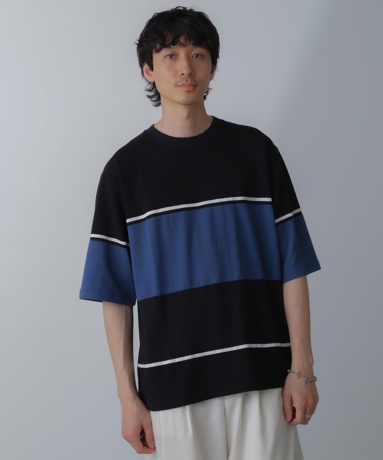 パネル編地ボーダークルーネックTシャツ 6684124233