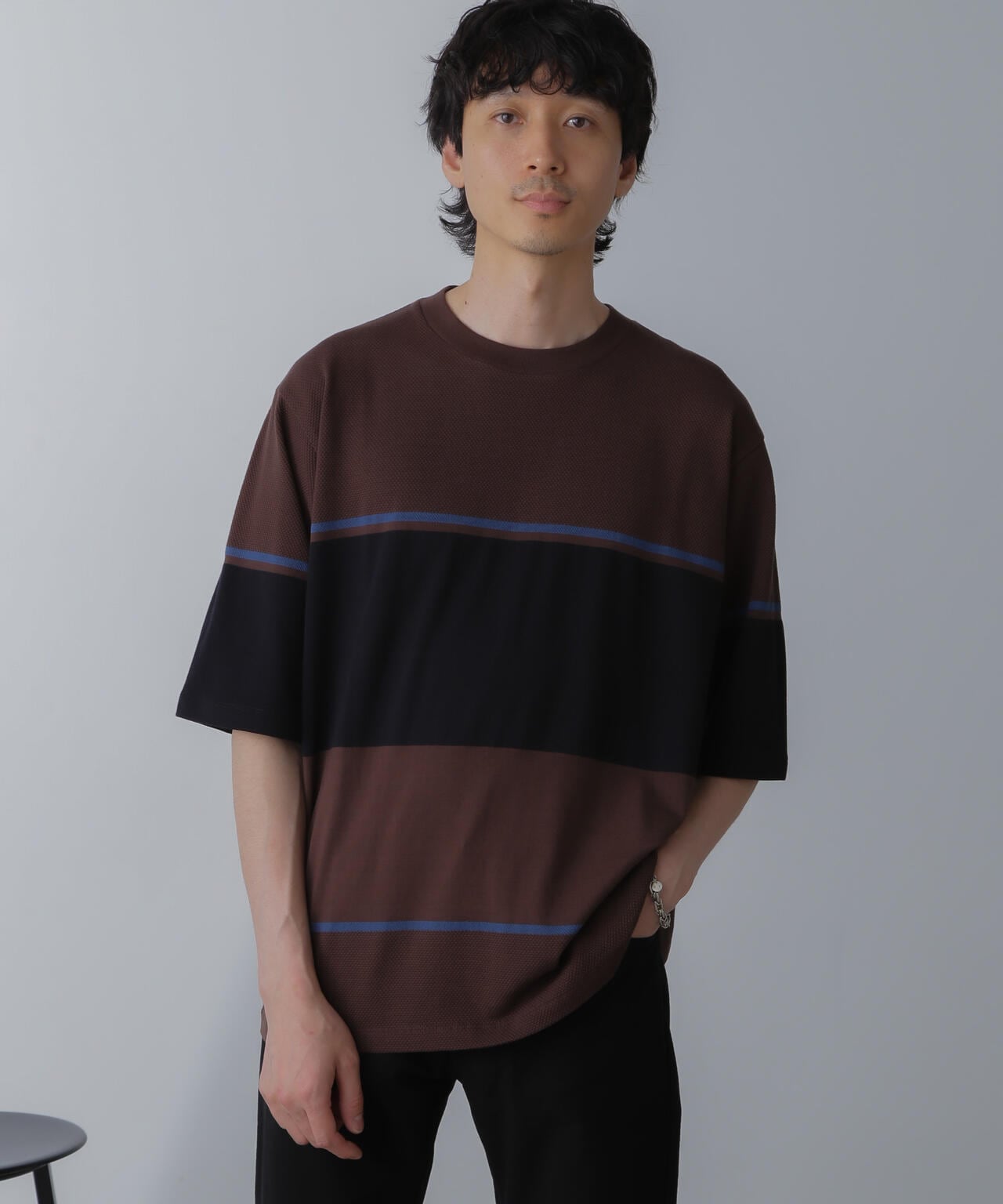 パネル編地ボーダークルーネックTシャツ 6684124233