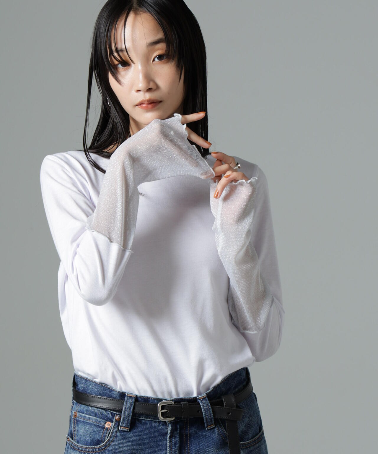 シアーラメ切り替えロングTシャツ 6734223323