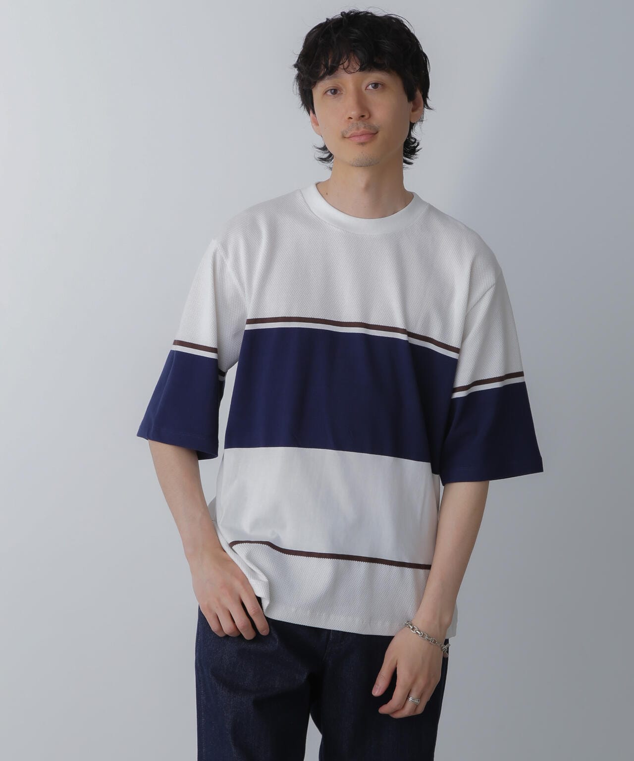 パネル編地ボーダークルーネックTシャツ 6684124233
