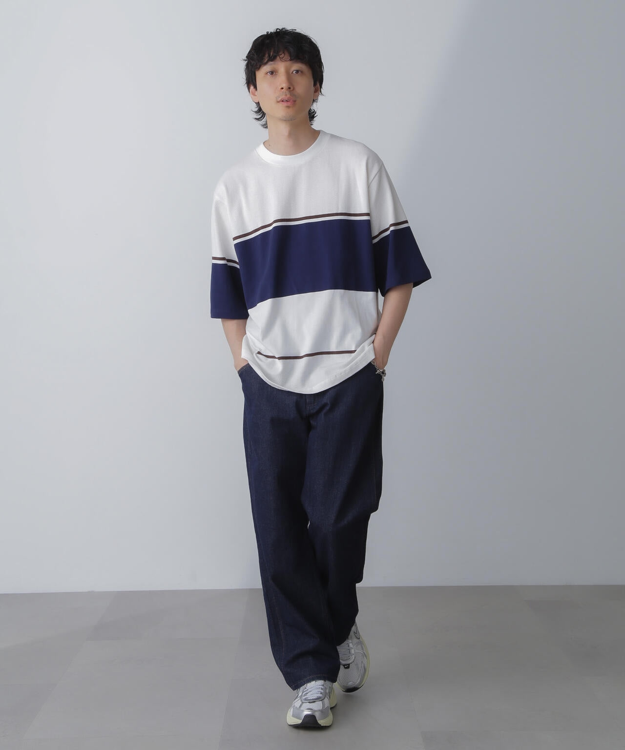 パネル編地ボーダークルーネックTシャツ 6684124233