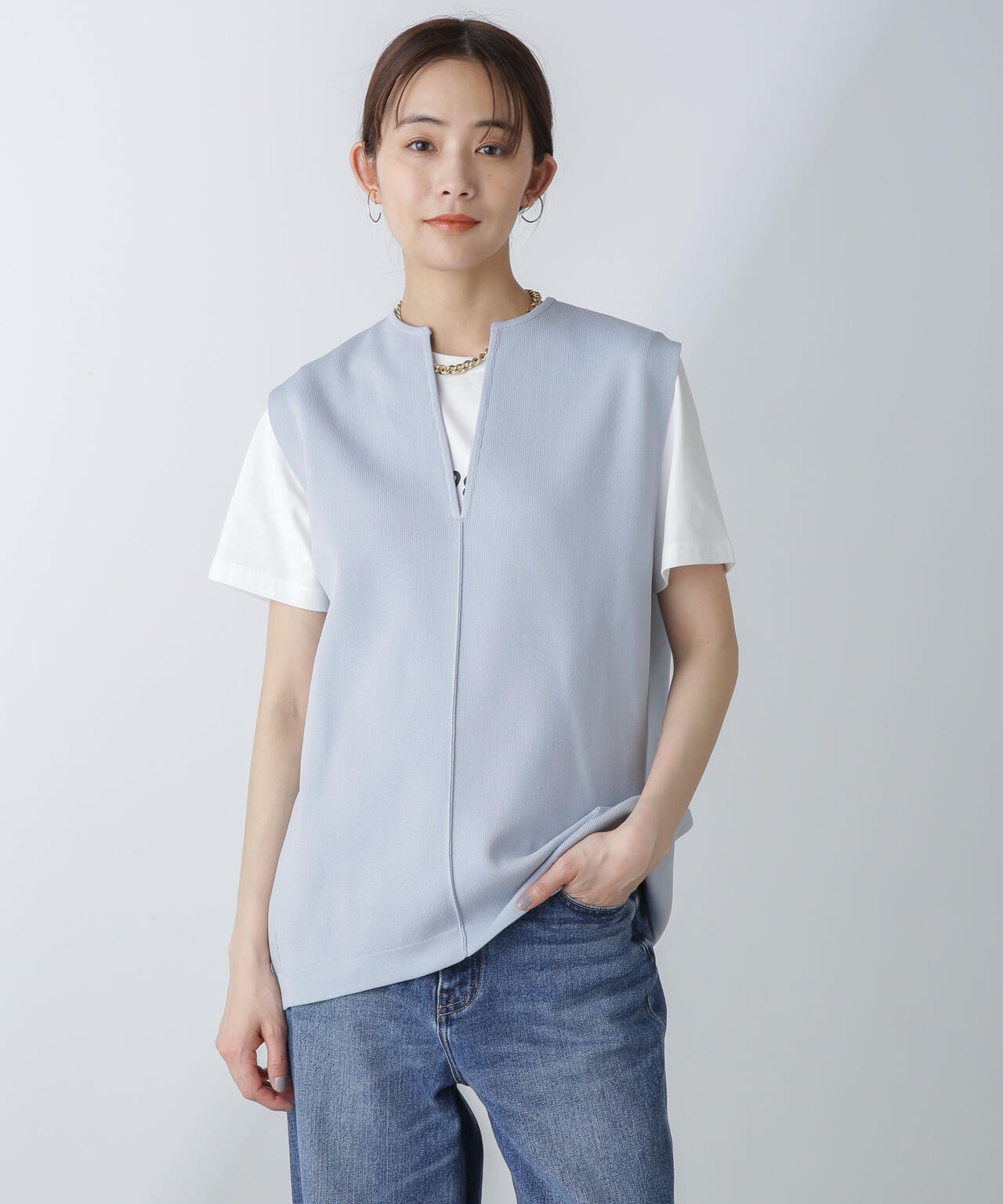 洗濯機洗可・UVカットキーネックノースリ-ブニット 6734122343