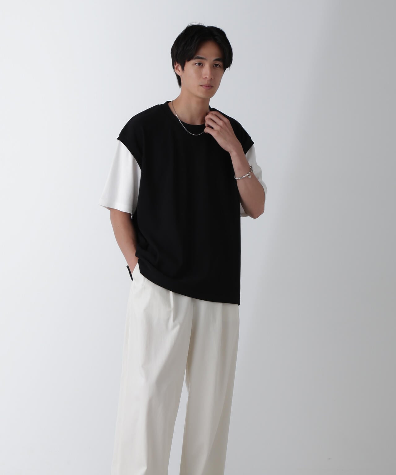 フェイクレイヤードリラックスTシャツ 半袖 6724224224