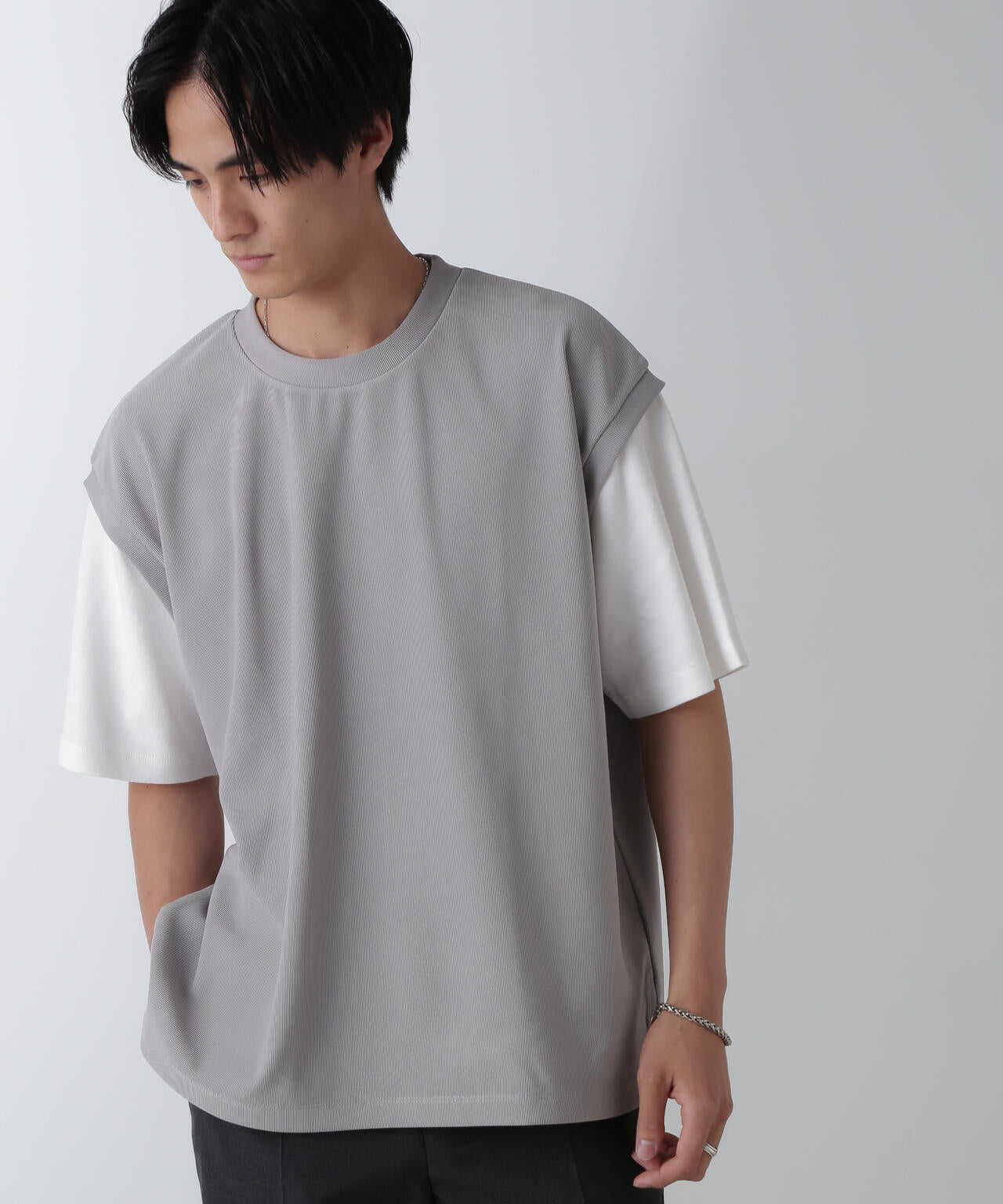 フェイクレイヤードリラックスTシャツ 半袖 6724224224