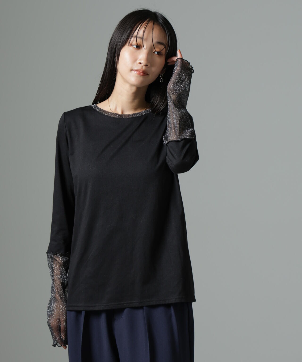 シアーラメ切り替えロングTシャツ 6734223323