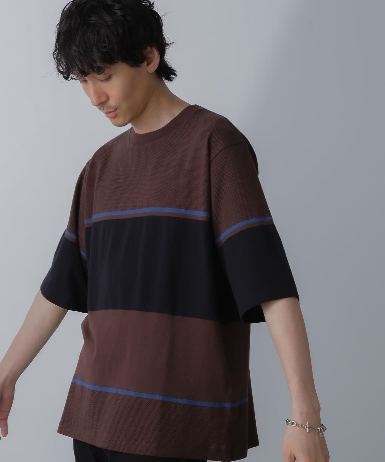 パネル編地ボーダークルーネックTシャツ 6684124233