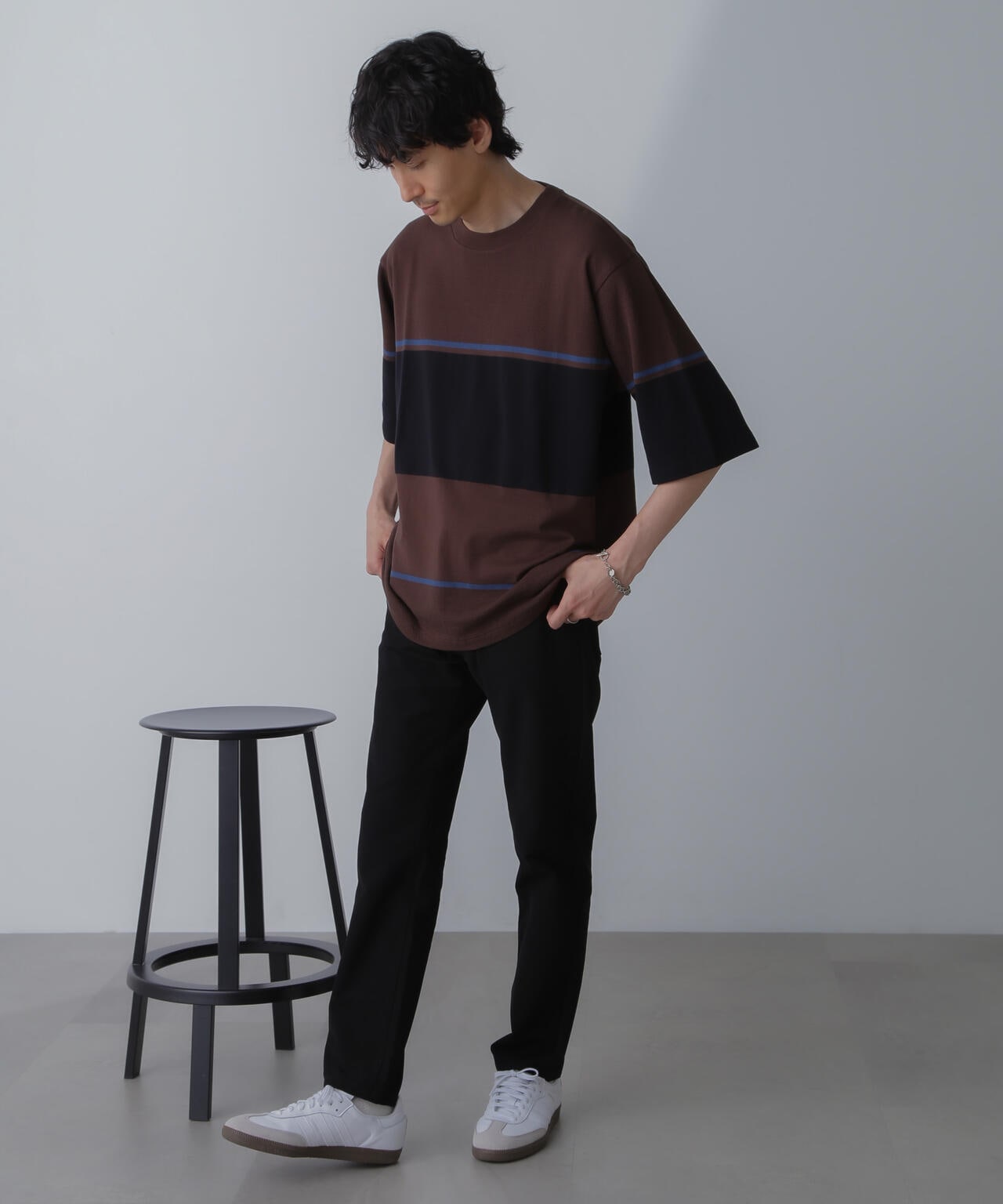 パネル編地ボーダークルーネックTシャツ 6684124233