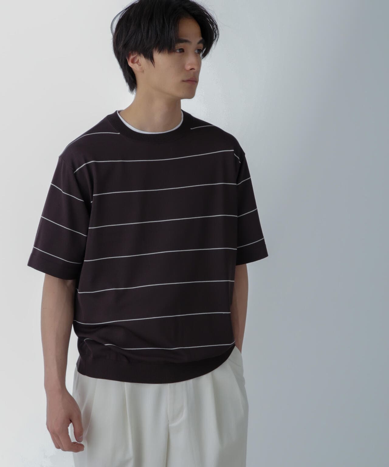 ハイゲージ ピンボーダーニットTシャツ 6684122234
