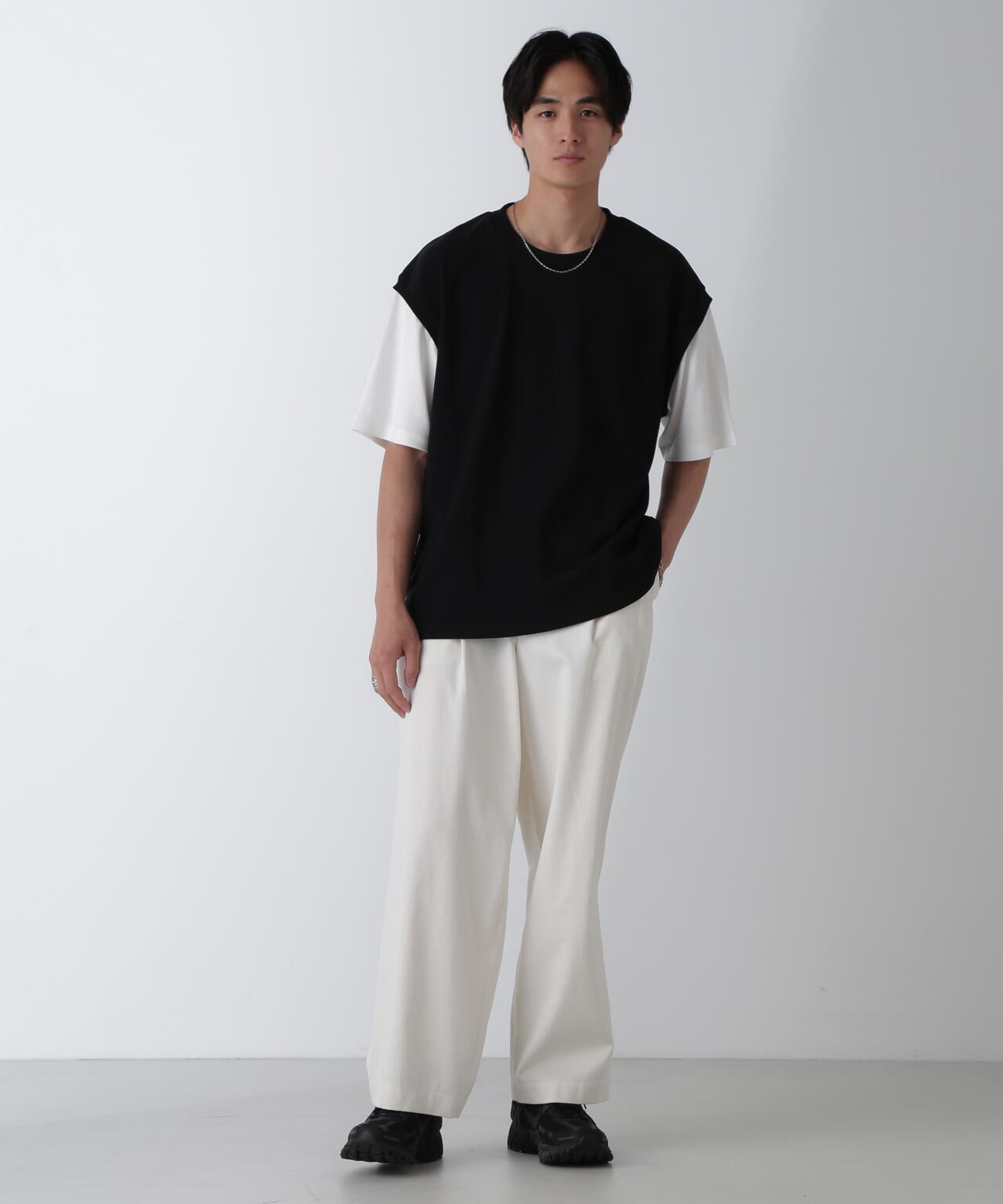 フェイクレイヤードリラックスTシャツ 半袖 6724224224