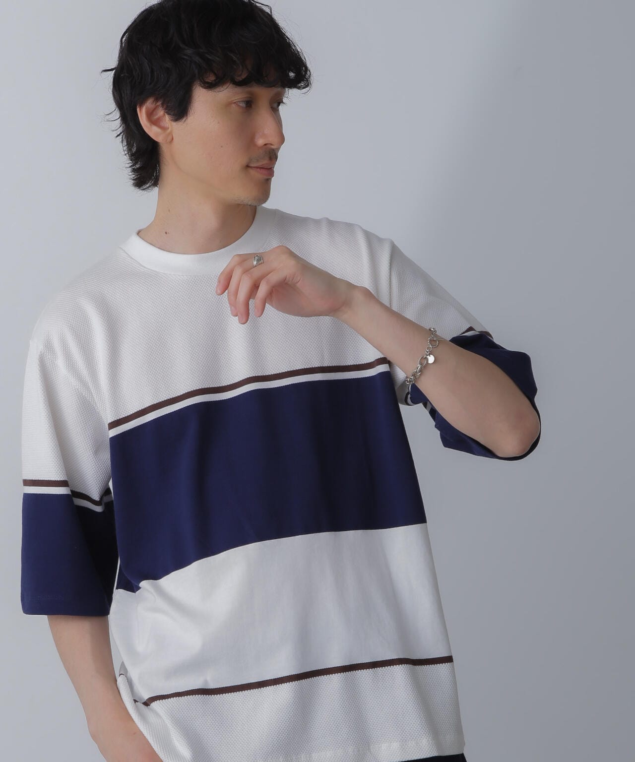 パネル編地ボーダークルーネックTシャツ 6684124233