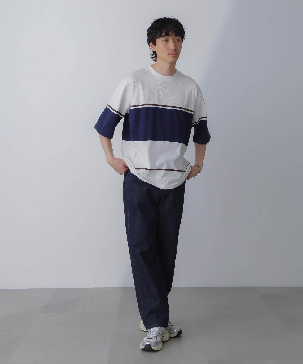 パネル編地ボーダークルーネックTシャツ 6684124233