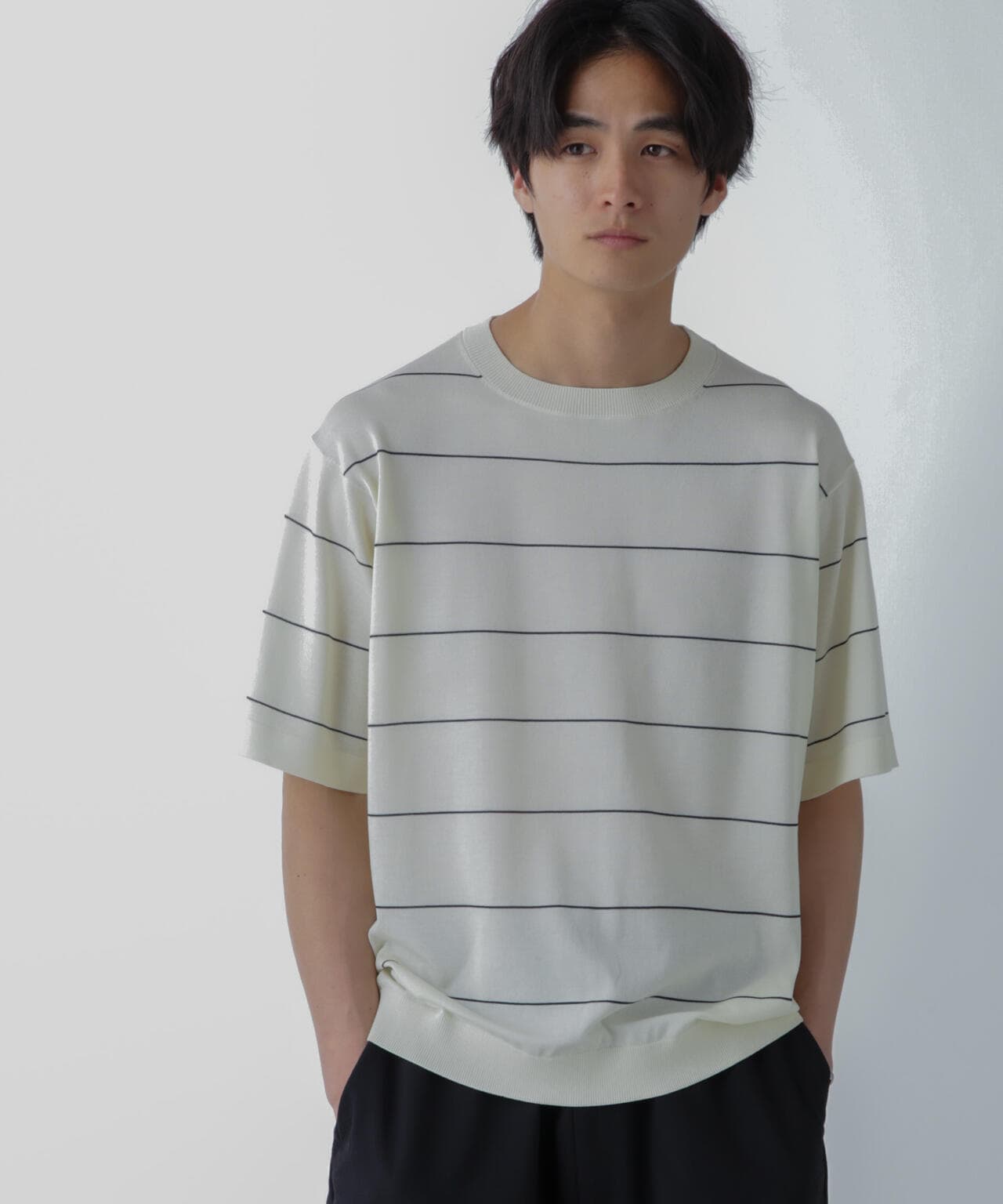 ハイゲージ ピンボーダーニットTシャツ 6684122234