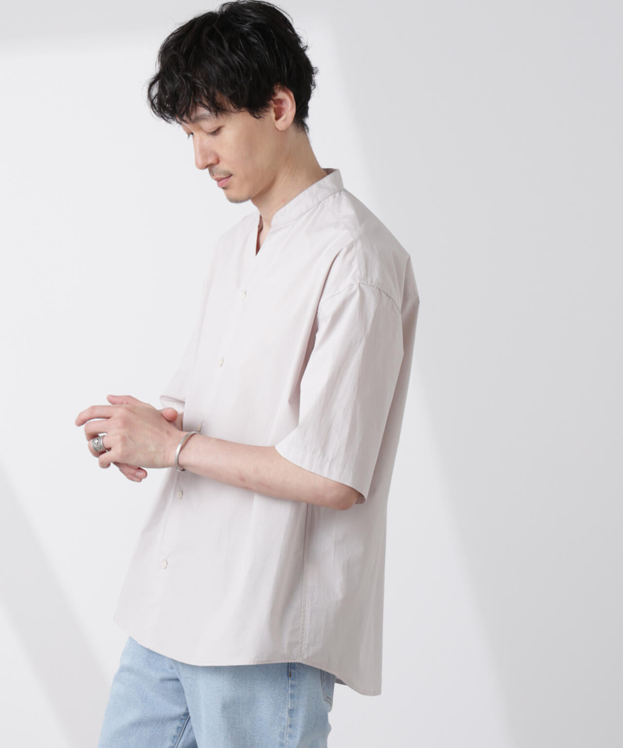 「大人のワイドシャツ」バンドカラー 半袖 6685121223