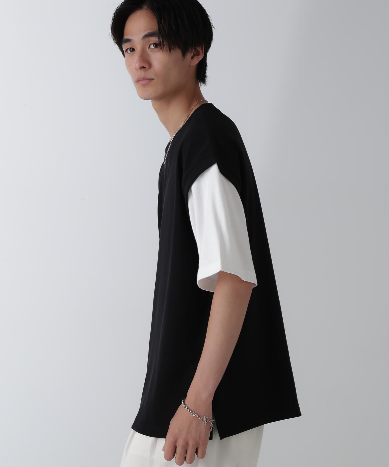 フェイクレイヤードリラックスTシャツ 半袖 6724224224