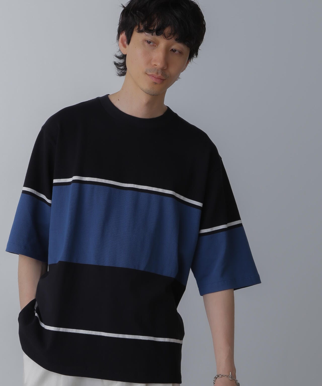 パネル編地ボーダークルーネックTシャツ 6684124233