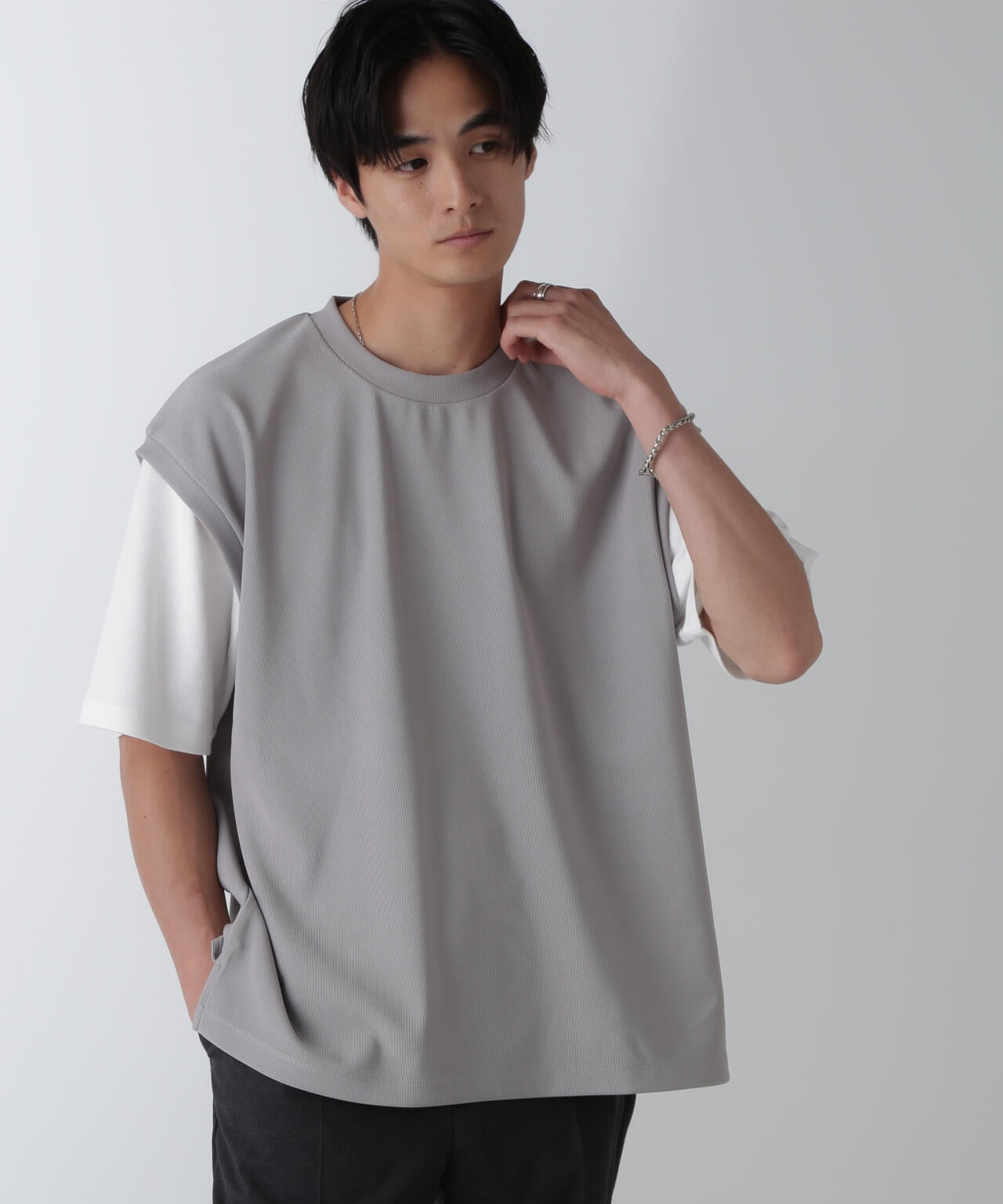 フェイクレイヤードリラックスTシャツ 半袖 6724224224