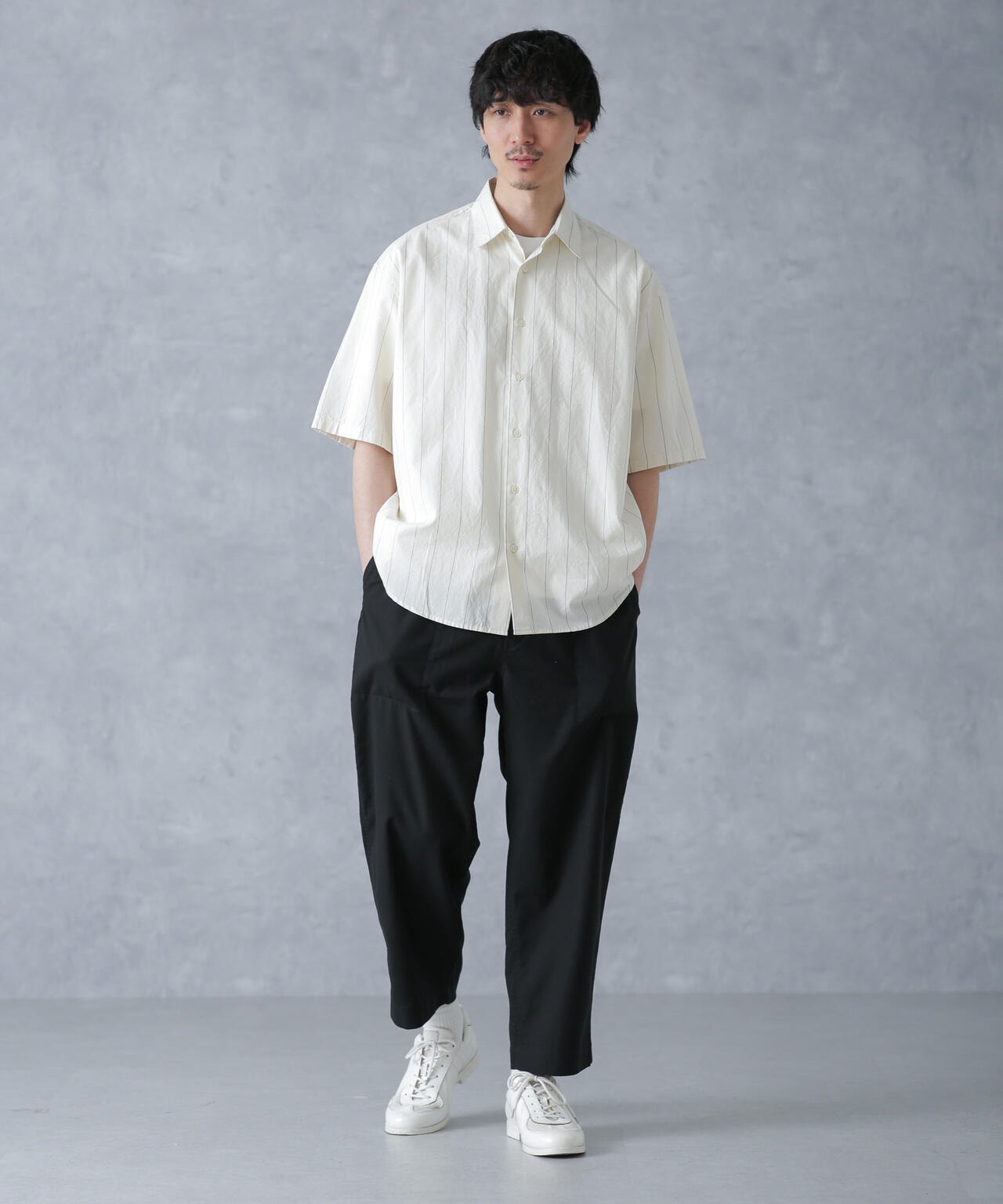 【定価1.7万】ティシュ TISSU *コットンリネンストライプバンドカラーロングシャツ*綿麻紺白ブラウス(25-2503-487)【62D52】 定価1.7万】ティシュ TISSU *コットンリネンストライプバンド