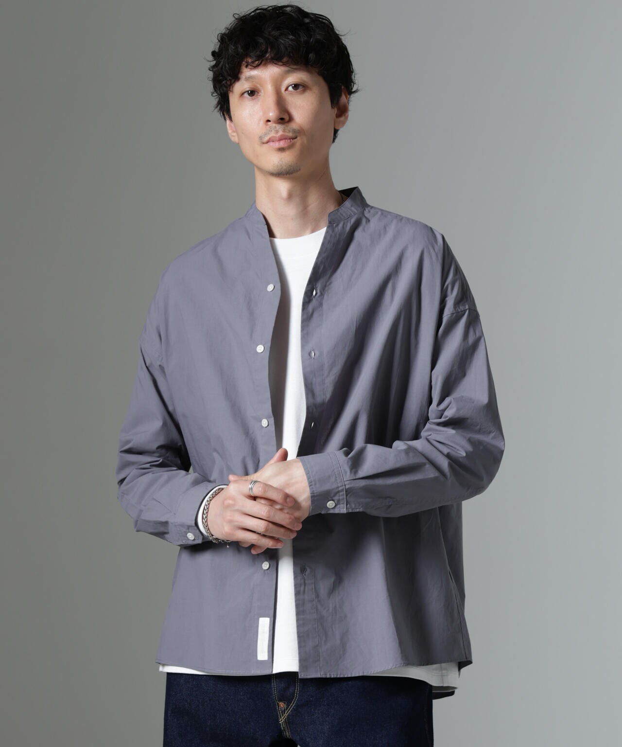 「大人のワイドシャツ」バンドカラー 長袖 6684220213