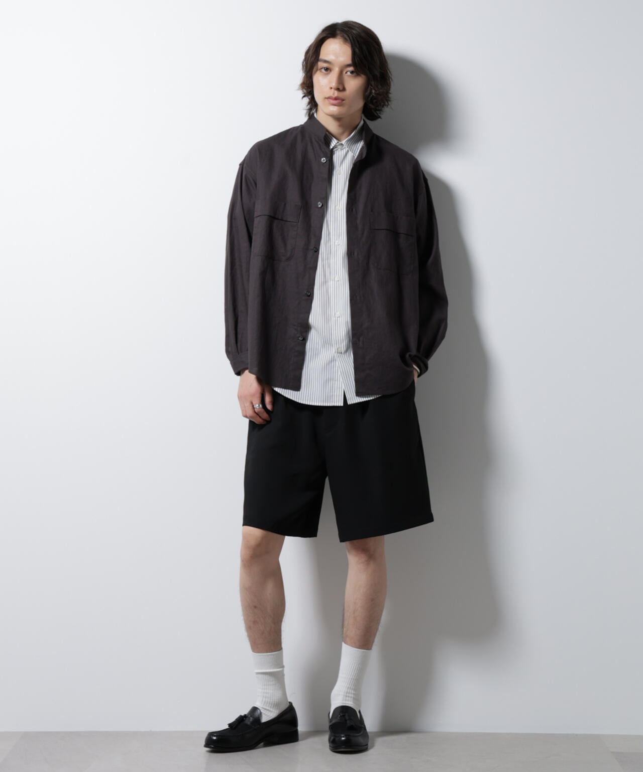 「BELGIUM LINEN FABRICS」リネンコットンスタンドカラーシャツ 6685120219