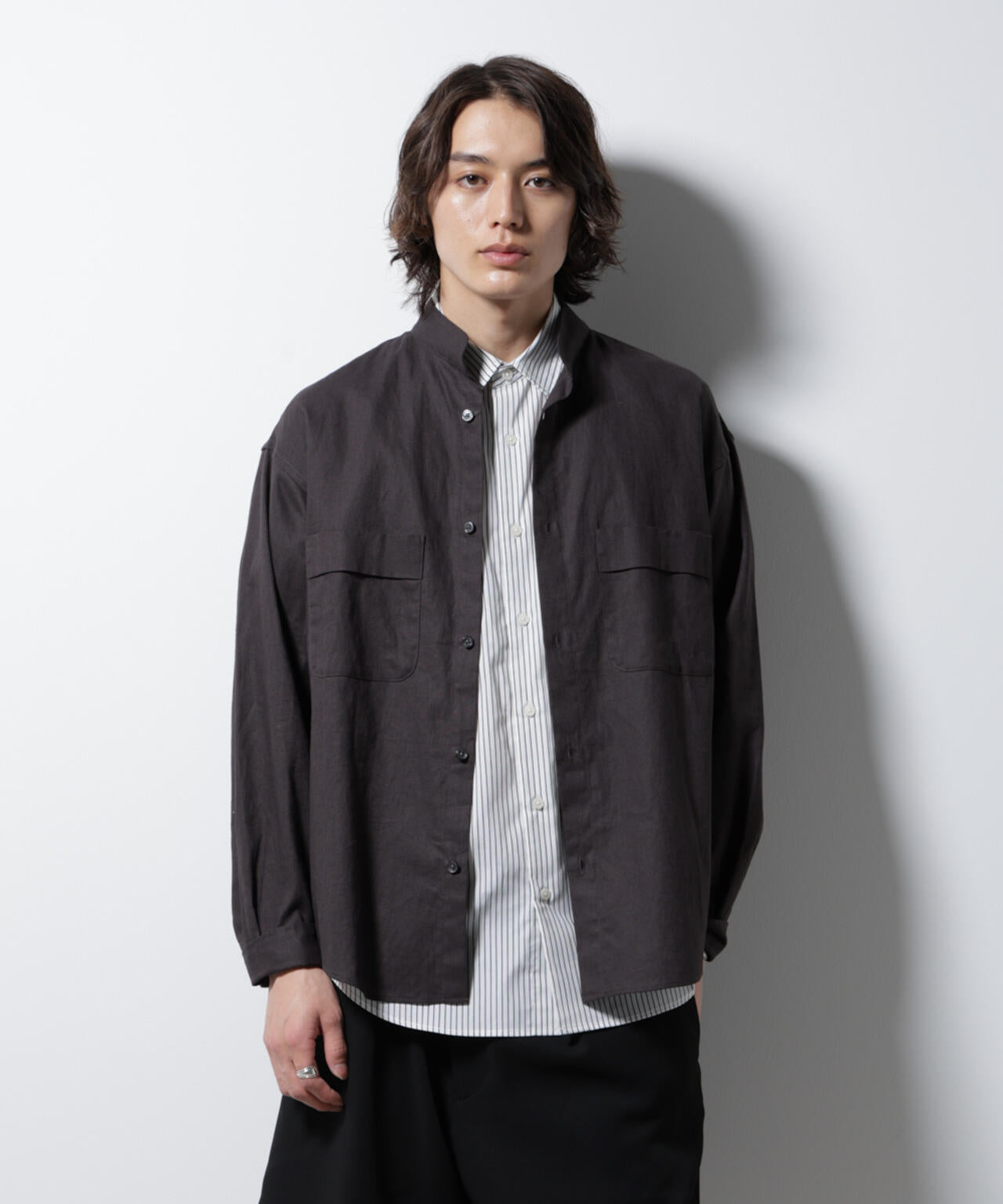 「BELGIUM LINEN FABRICS」リネンコットンスタンドカラーシャツ 6685120219