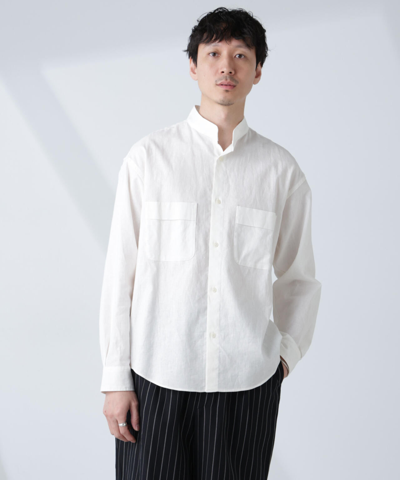 「BELGIUM LINEN FABRICS」リネンコットンスタンドカラーシャツ 6685120219