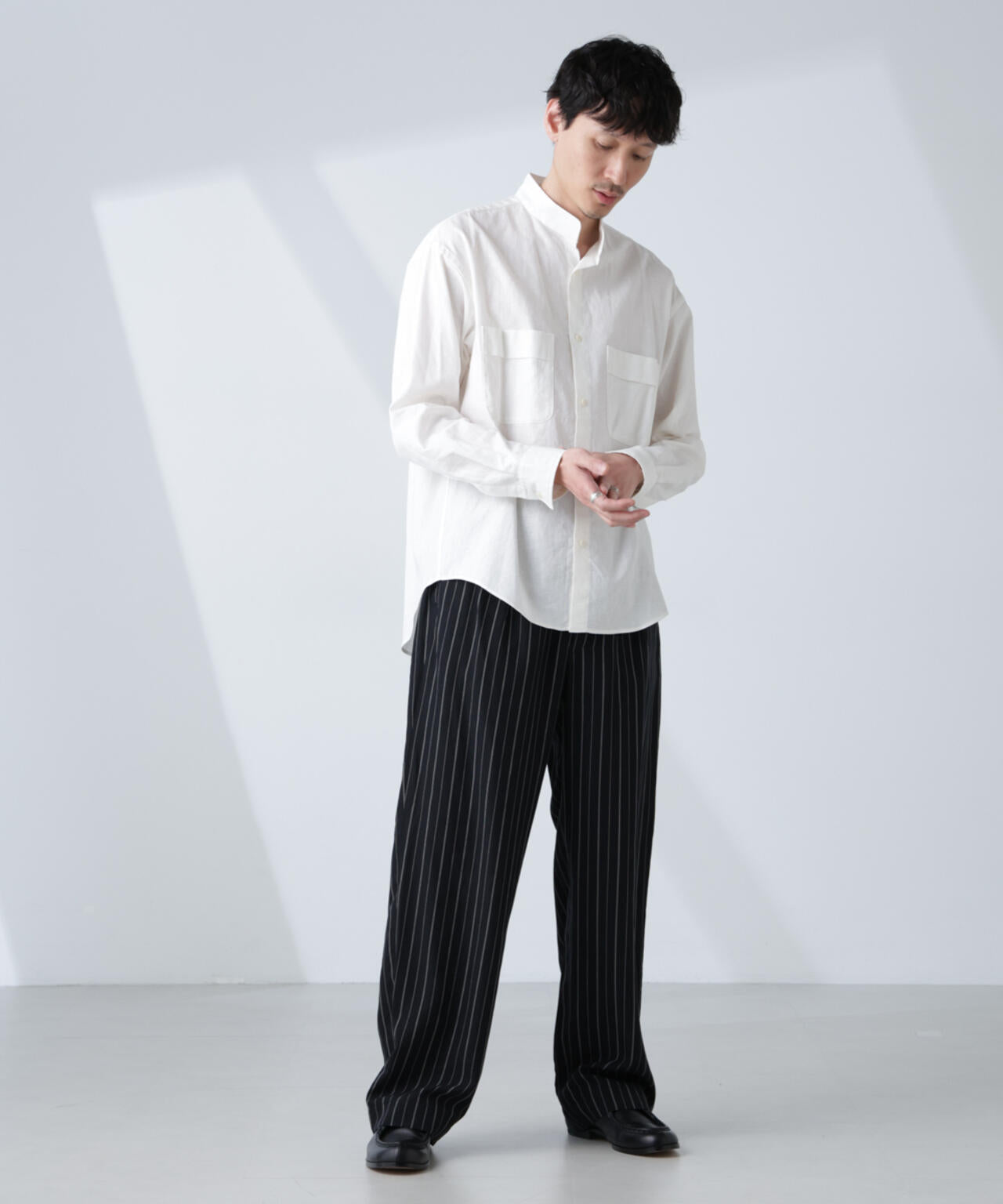 「BELGIUM LINEN FABRICS」リネンコットンスタンドカラーシャツ 6685120219