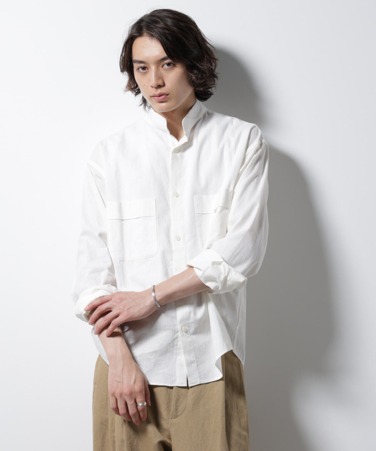 「BELGIUM LINEN FABRICS」リネンコットンスタンドカラーシャツ 6685120219