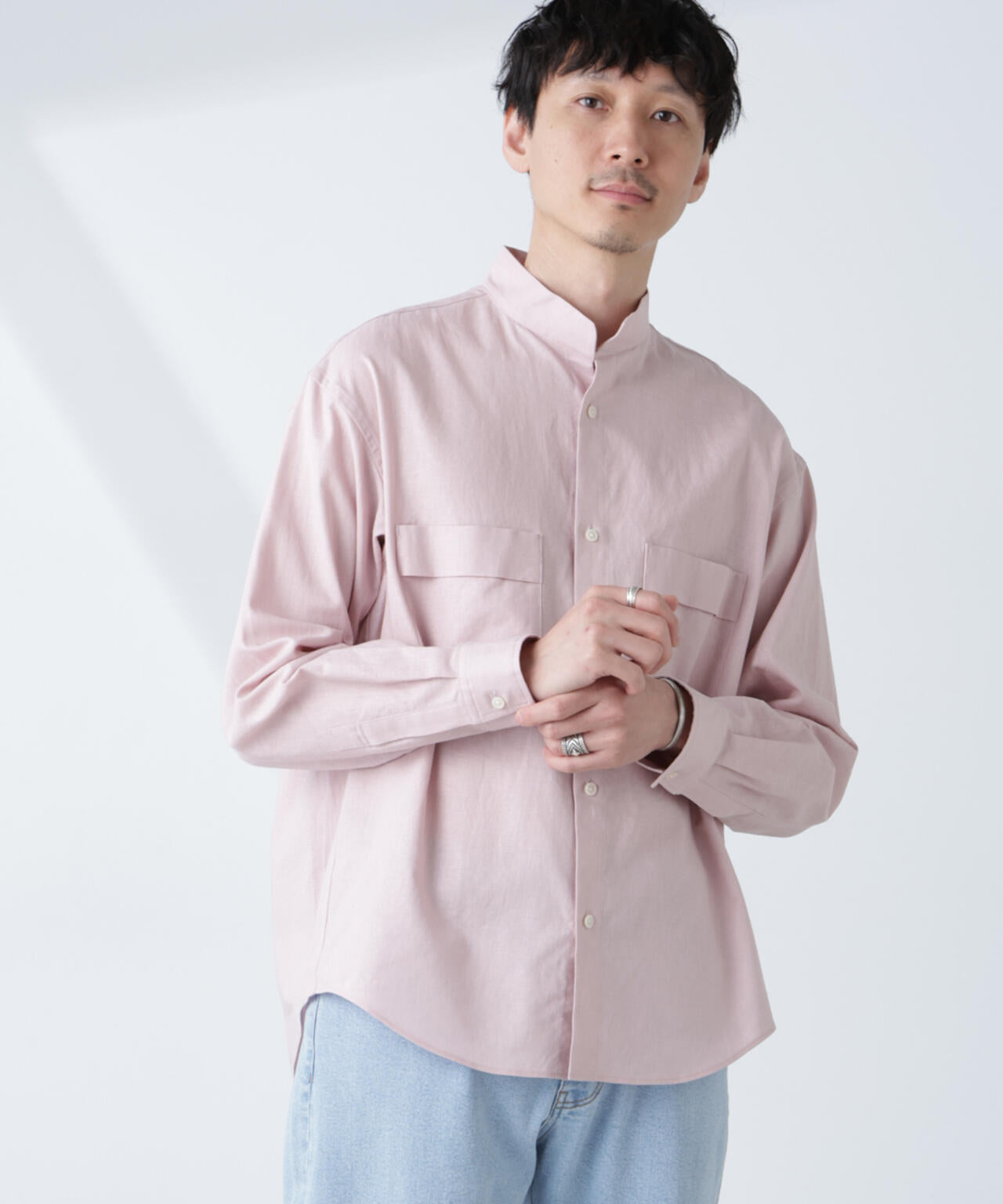 「BELGIUM LINEN FABRICS」リネンコットンスタンドカラーシャツ 6685120219