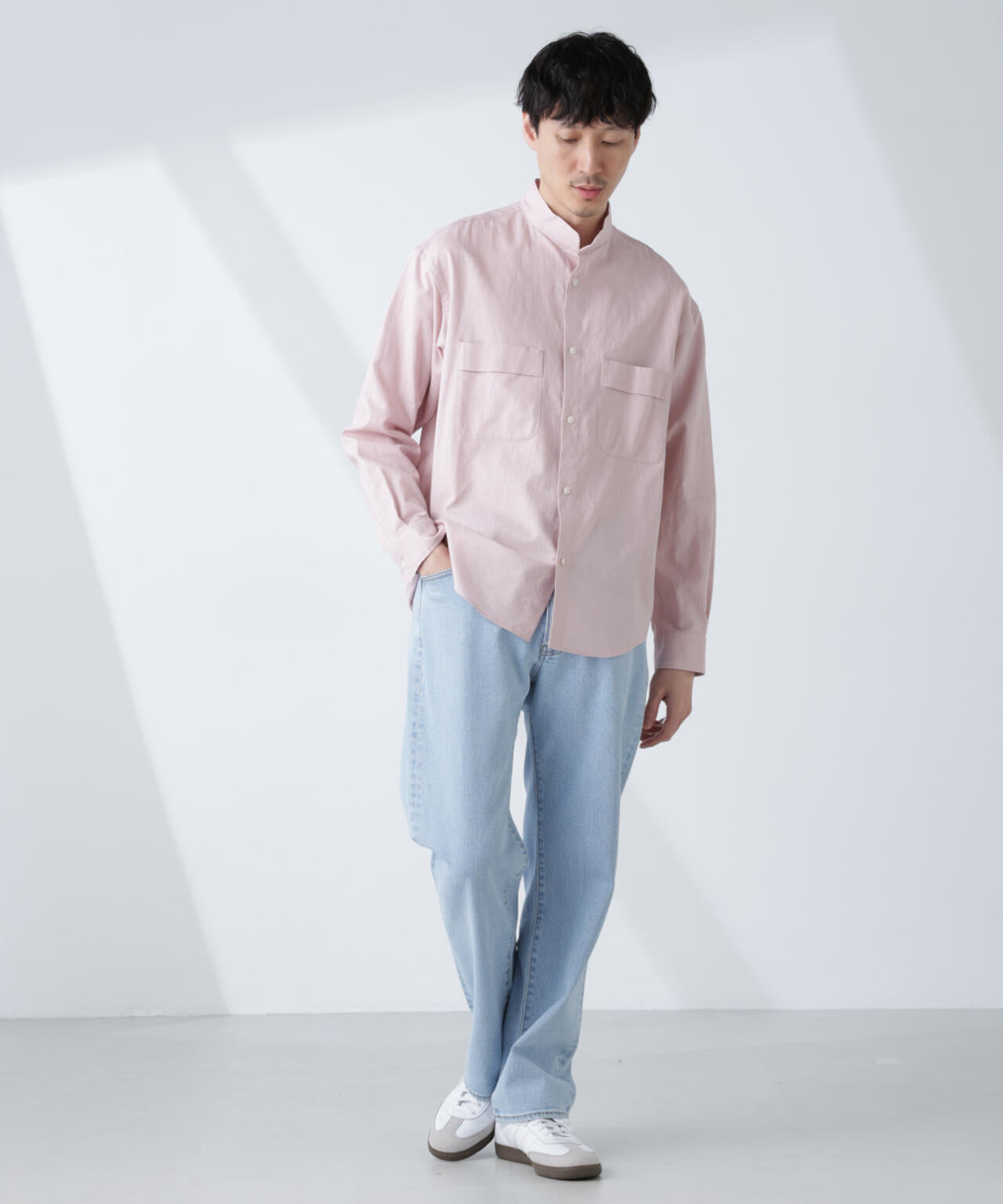 「BELGIUM LINEN FABRICS」リネンコットンスタンドカラーシャツ 6685120219
