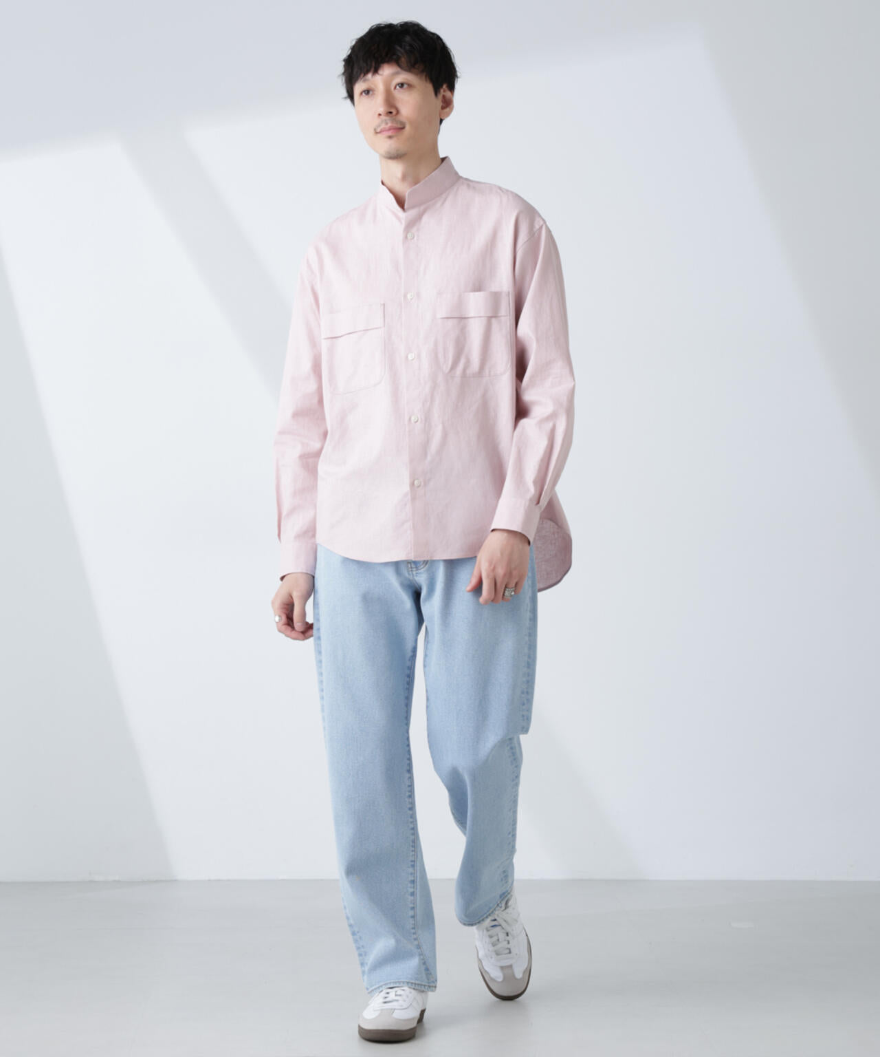 「BELGIUM LINEN FABRICS」リネンコットンスタンドカラーシャツ 6685120219