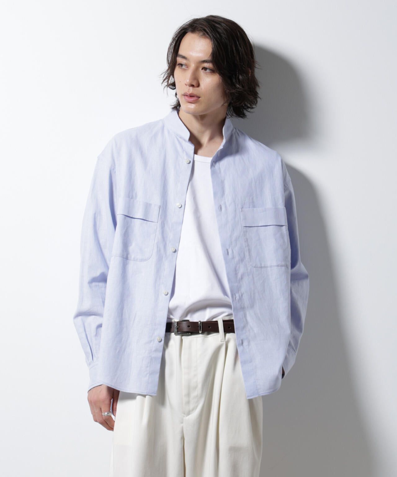 「BELGIUM LINEN FABRICS」リネンコットンスタンドカラーシャツ 6685120219