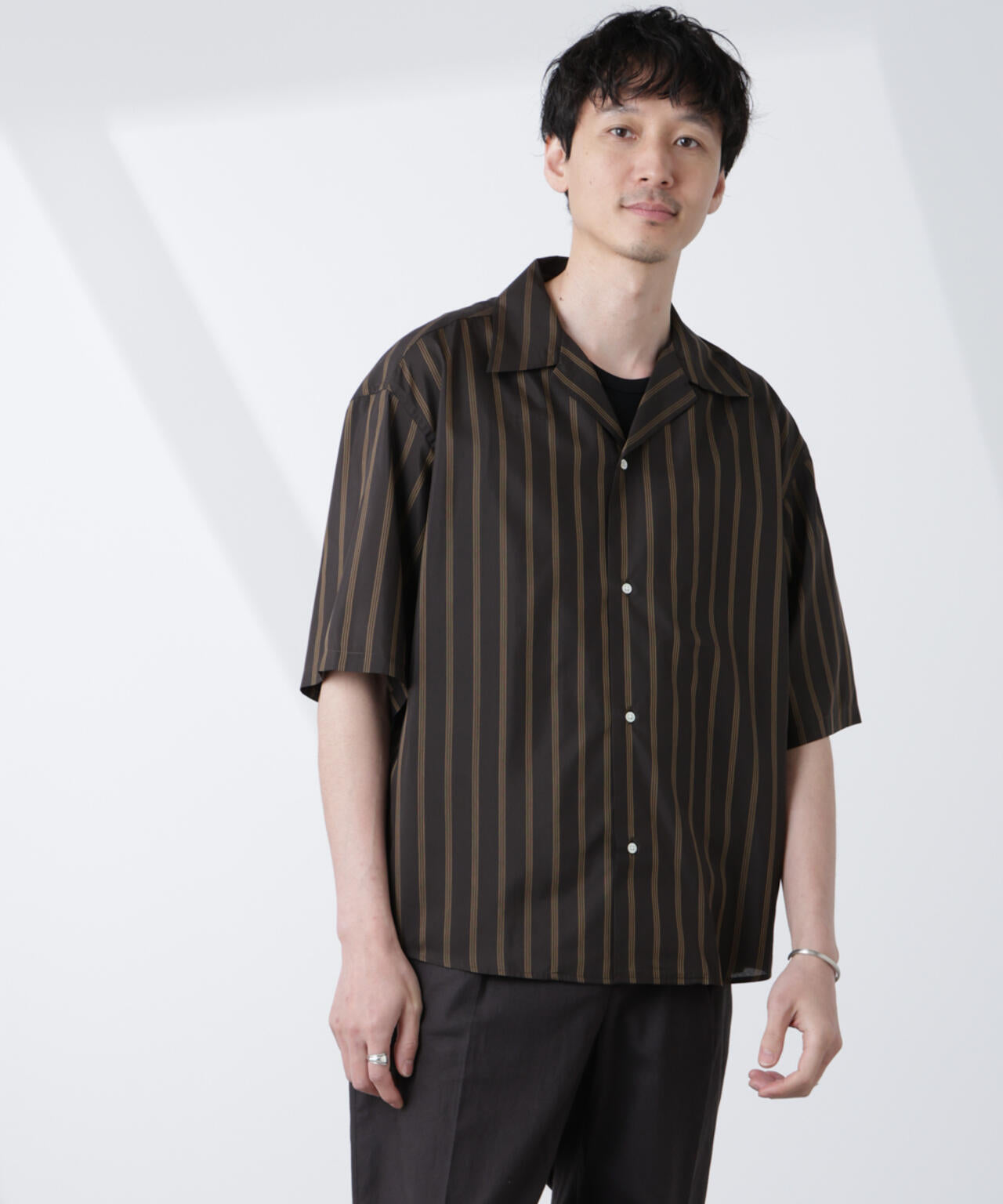 大人のワイドシャツ」ストライプ オープンカラー 半袖 シャツ