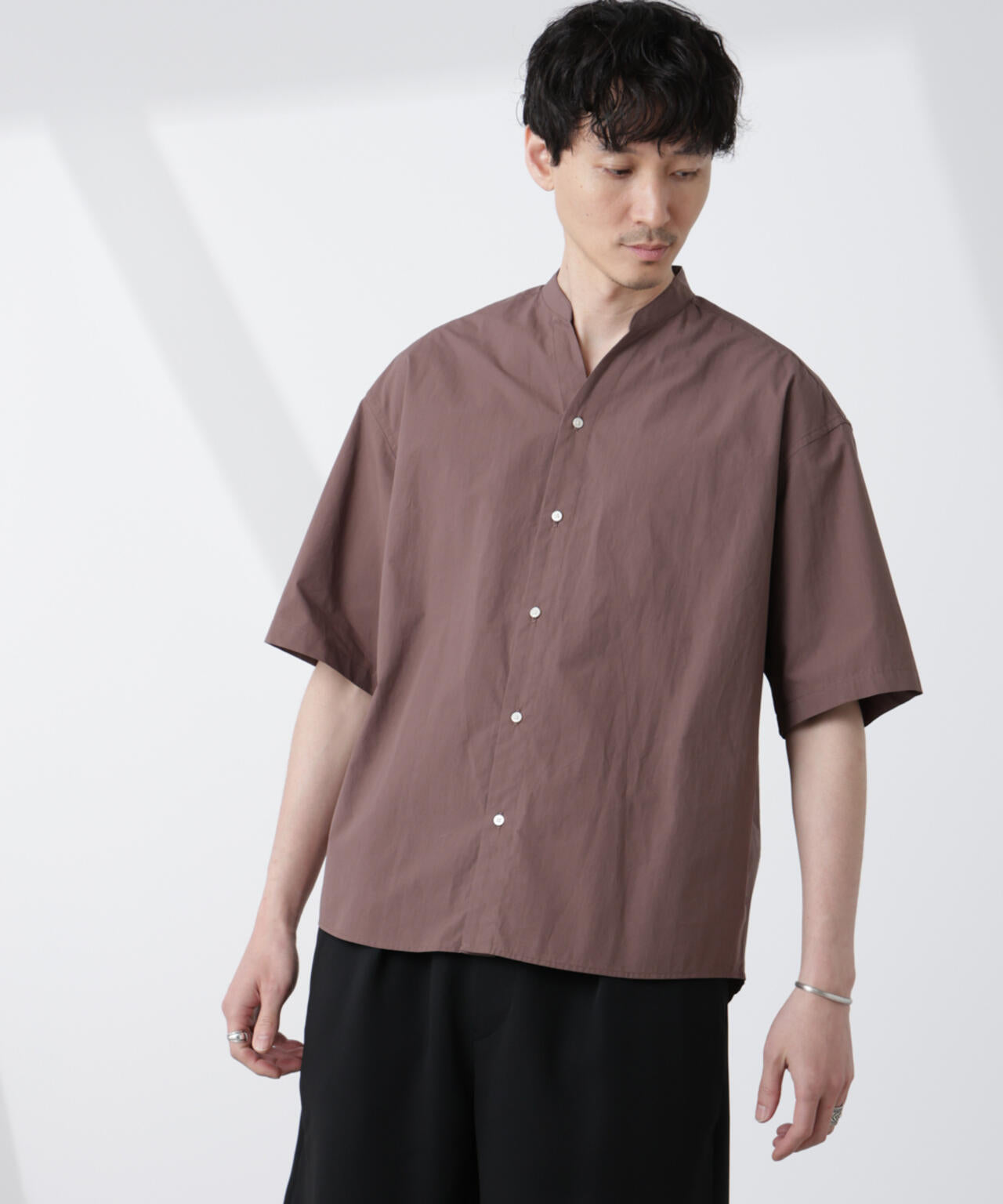 大人のワイドシャツ」バンドカラー 半袖