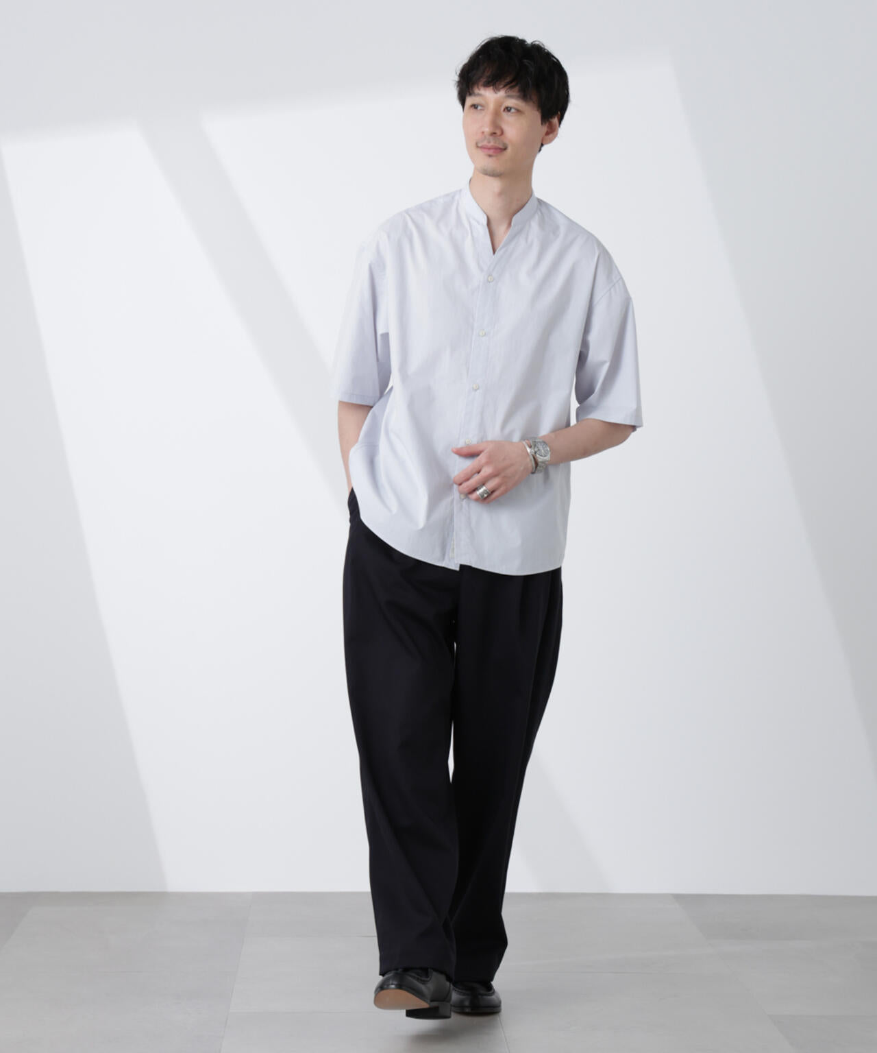 大人のワイドシャツ」バンドカラー 半袖