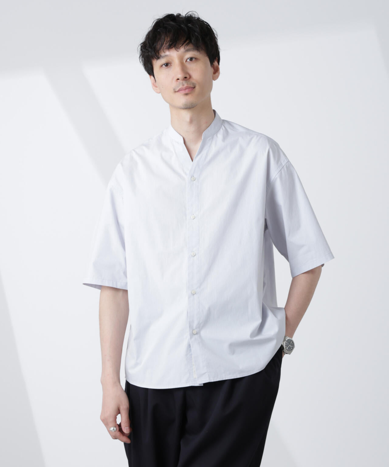 大人のワイドシャツ」バンドカラー 半袖