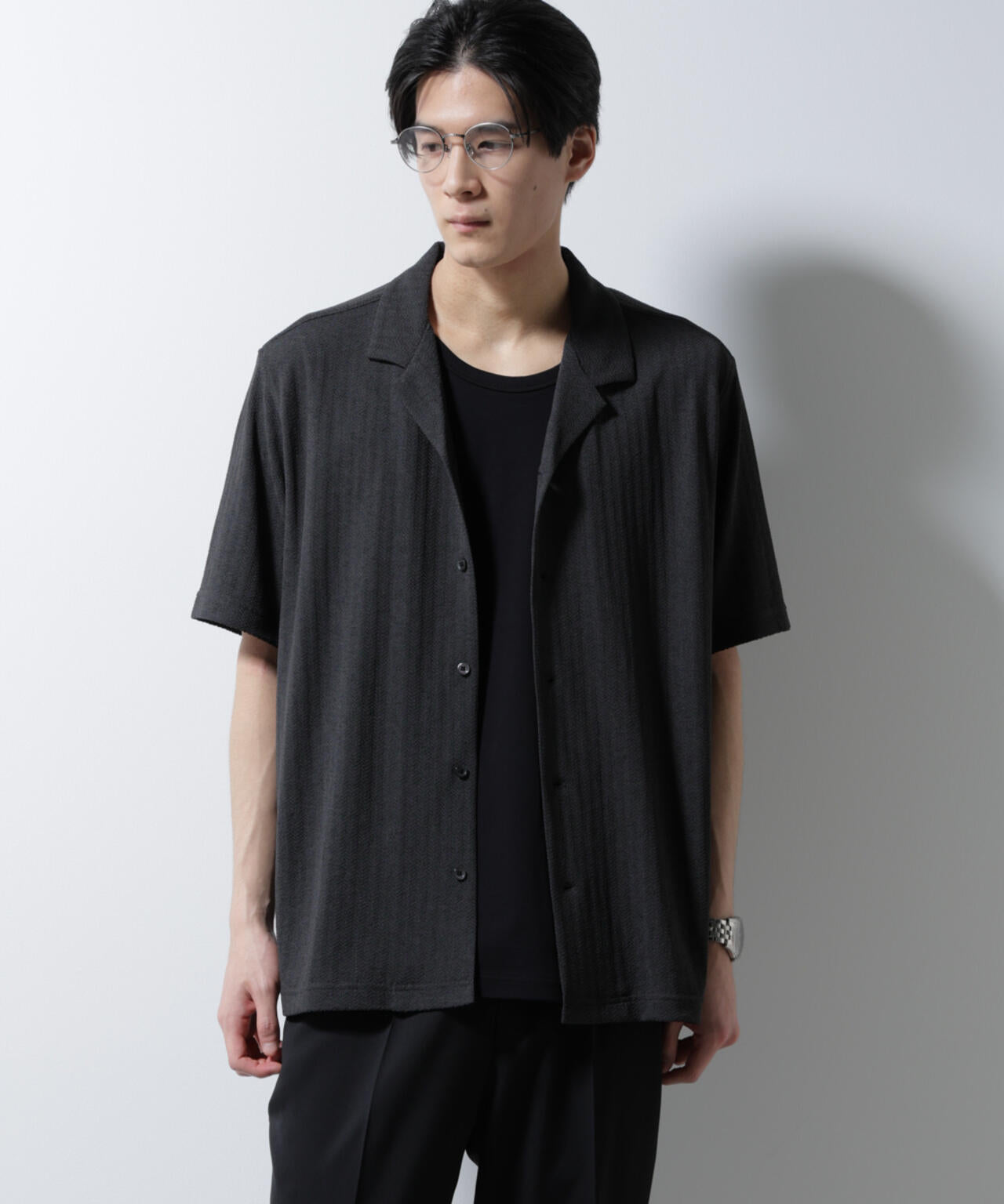 Damerino」 ヘリンボン オープンカラー シャツ 半袖