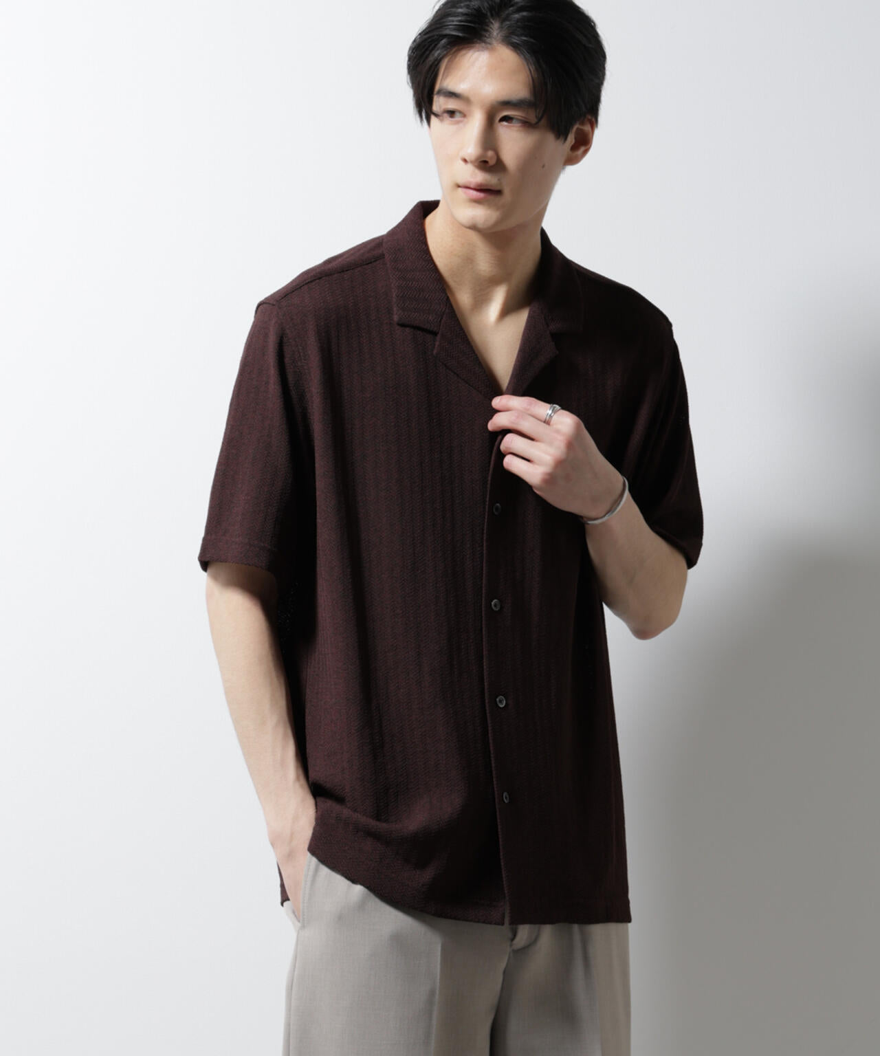 「Damerino」 ヘリンボン オープンカラーシャツ 半袖 6685124247