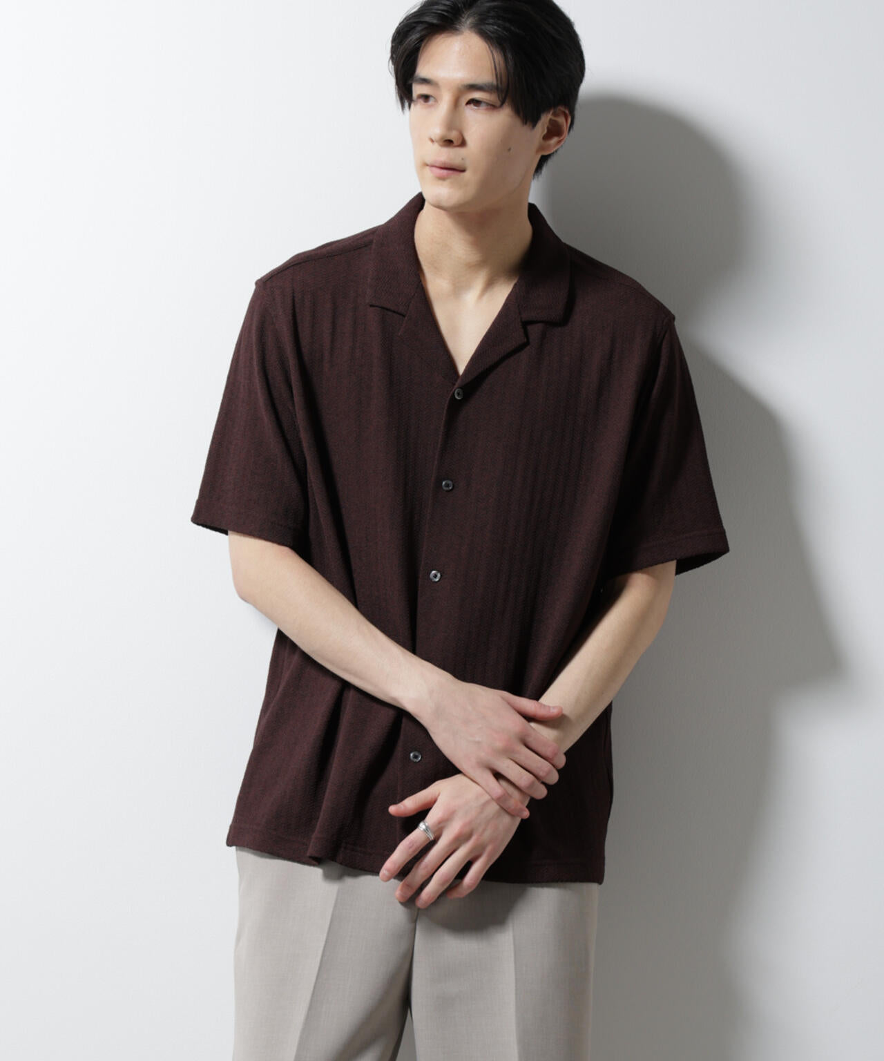 「Damerino」 ヘリンボン オープンカラーシャツ 半袖 6685124247