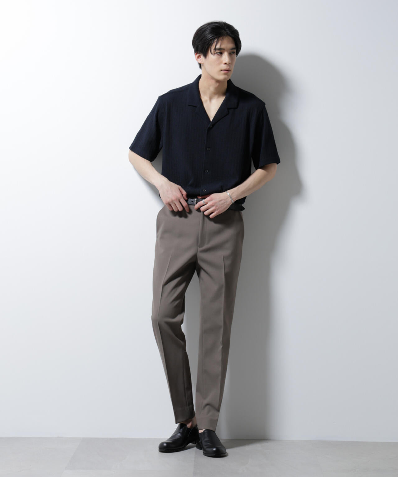 Damerino」 ヘリンボン オープンカラー シャツ 半袖