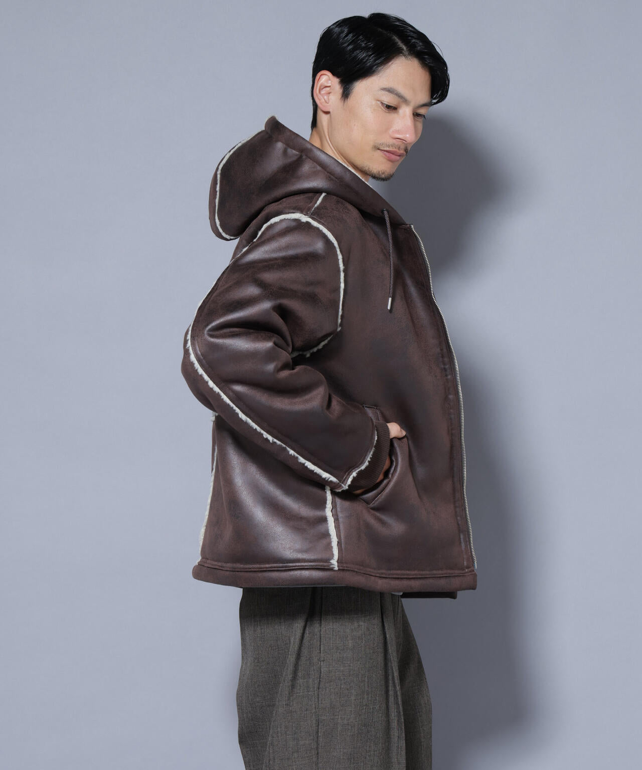 クラックフェイクムートンフードブルゾン