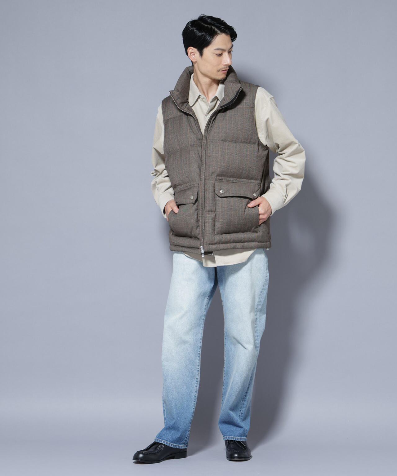 DELEGANTE エアリーサキソニー/グレンチェックTAIONダウンベスト