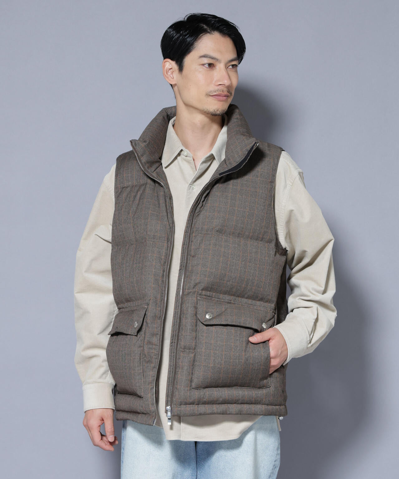 DELEGANTE エアリーサキソニー/グレンチェックTAIONダウンベスト