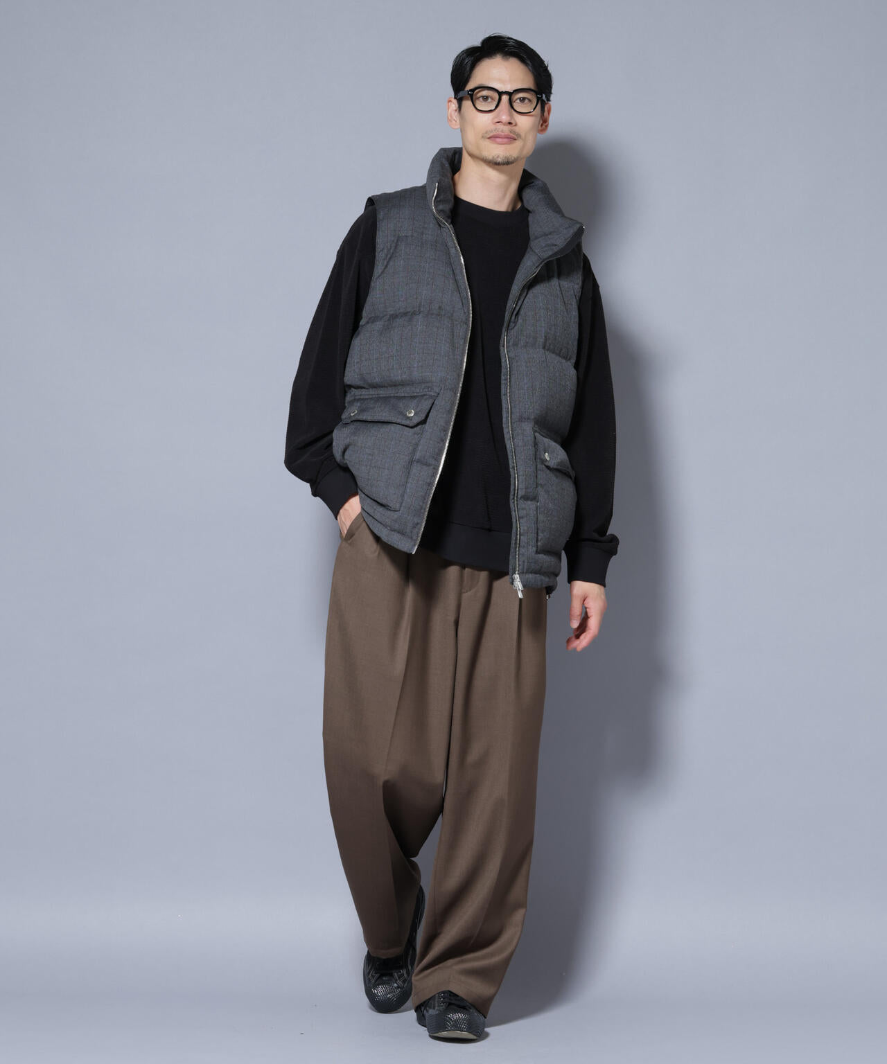 DELEGANTE エアリーサキソニー/グレンチェックTAIONダウンベスト